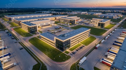 Aerial view of modern logistics industrial park at sunset