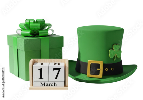 St patricks day celebration concept with green gift box, leprechaun hat and calendar date march 17 isolated on transparent background