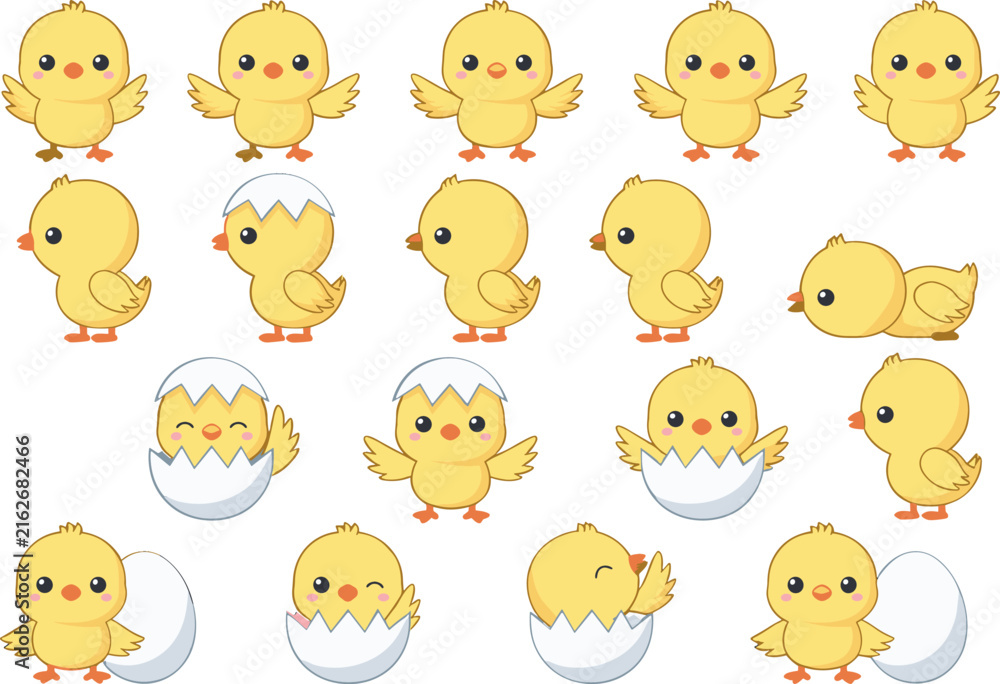 Fototapeta premium Cute Baby Chick Vector Set with Cartoon Chicken Hatching from Egg in Different Poses Illustration for Kids