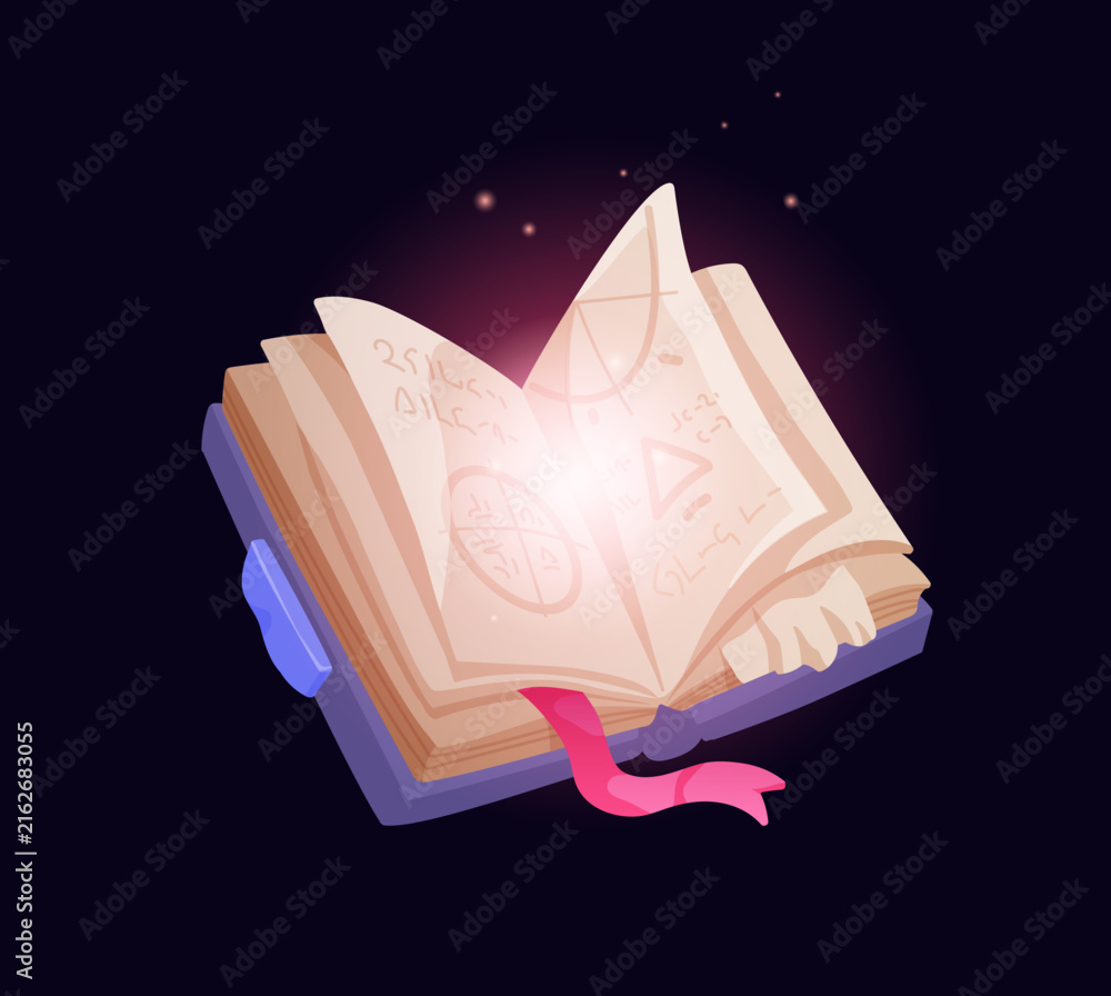 Fototapeta premium Open magic book for game, fantasy, spell. Old magic book with open pages, fantasy light, dust glow. Wizard fairytale. Vintage fairy tale library. Vector illustration for mystery education.