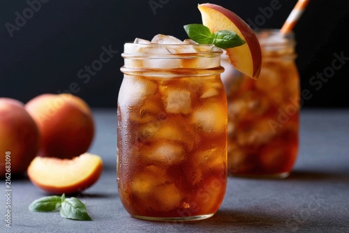 Two mason jars filled with iced peach tea garnished with fresh peaches and mint on a dark countertop