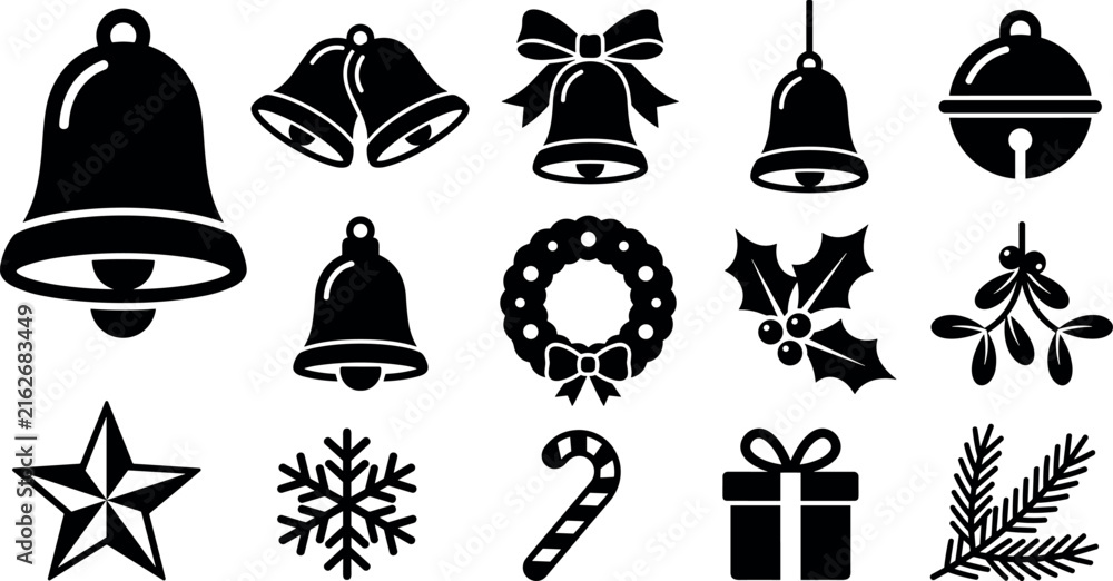 Naklejka premium Christmas Jingle Bells and Holiday Celebration Black Silhouette Icons Set for Seasonal Graphic Design