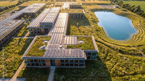 Aerial view of modern eco-friendly office building with green roof and solar panels