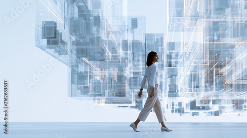 Professional Businesswoman Navigating a Futuristic Glowing Maze of Digital Documents