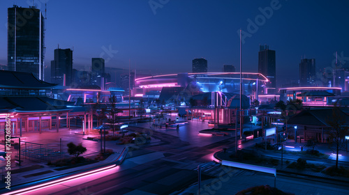 Futuristic Smart City and Experiential Fan Zone at Night with Neon Lights