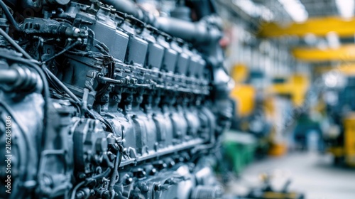 View of a large, complex industrial engine with numerous pipes and components in a factory setting