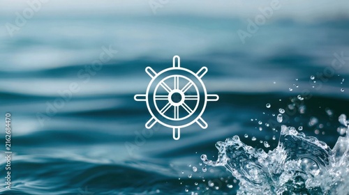 White nautical ship steering wheel over deep blue ocean waves with water splashes