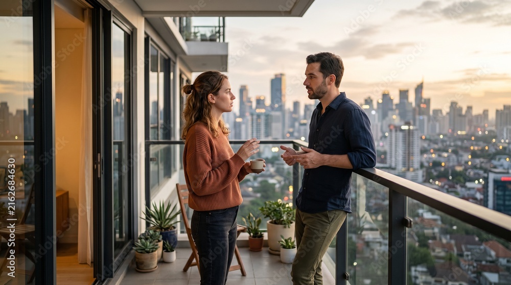 Fototapeta premium Young couple having a conversation while standing on modern apartment balcony with city skyline view at sunset