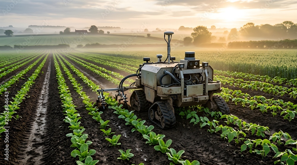 Obraz premium Autonomous agricultural robot spraying pesticide on green vegetable crops at sunrise