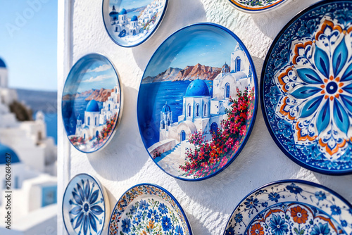 Hand-painted ceramic plates displaying Santorini seascape and art on a sunlit Cycladic white wall, Oia, Greece