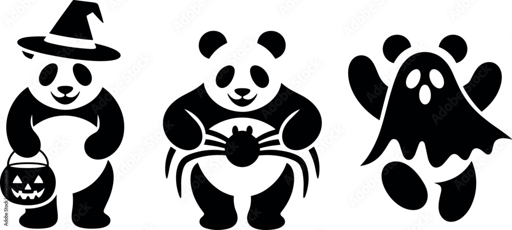 Naklejka premium Set of Halloween Vector Silhouettes Featuring Cute Pandas with Witch Hat Pumpkin Bucket Spider and Ghost Costume
