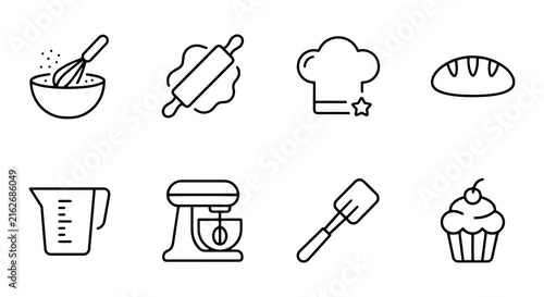 Baking Icons Set: Whisk, Rolling Pin, Chef Hat, Bread, Measuring Cup, Mixer, Spatula, Cupcake