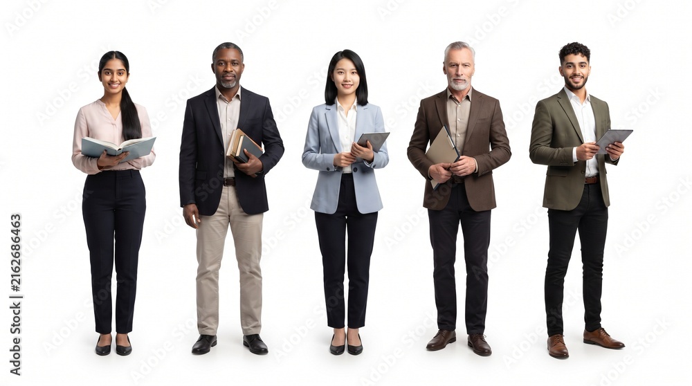 Fototapeta premium Diverse Education Professionals Team of Five Full Body People Isolated on White Background – Teaching and Training Concept