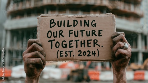 Worker holding cardboard sign with message about building future together at construction site