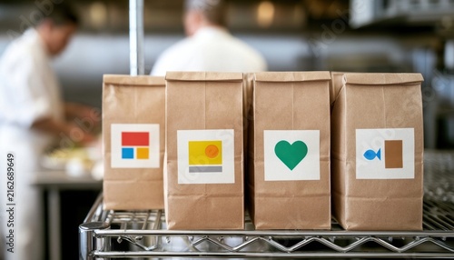 A row of brown paper lunch bags with colorful stickers sits on a metal rack in a kitchen