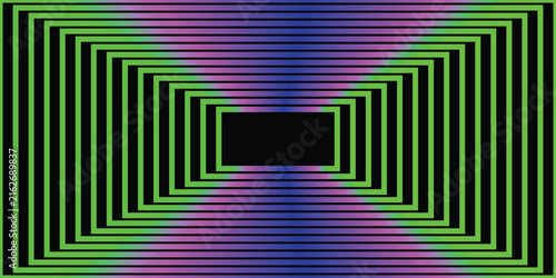 Abstract neon green and black concentric rectangle tunnel background with glowing gradient.