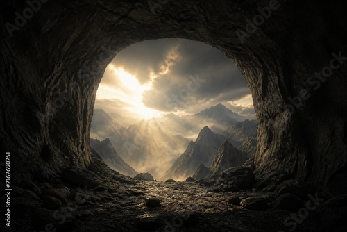 Cave entrance with a regular shape, wind blowing through, dramatic landscape lighting.