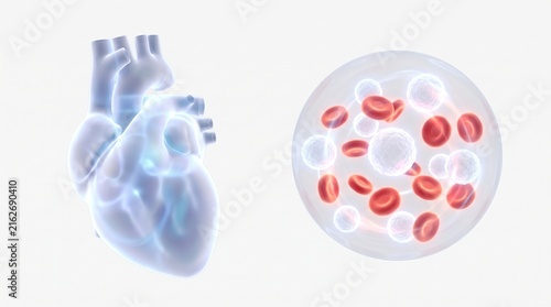 Anatomical Heart Illustration with Red Blood Cells and White Blood Cells Diagram