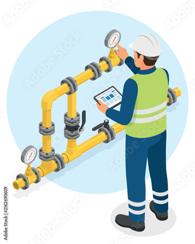 Obraz na plátne Engineer monitoring gas pipeline pressure with tablet isolated on white backgrou