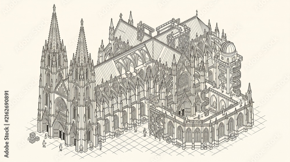 Obraz premium Vintage Pencil Sketch of Our Lady Church in the City, Historic European Architecture, Cathedral Landmark, Old Town Street and Travel Illustration