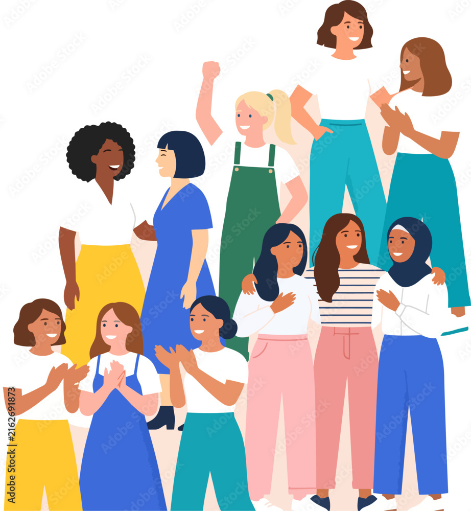 Obraz premium Diverse group of women standing together, multicultural female community illustration, empowered women supporting each other vector
