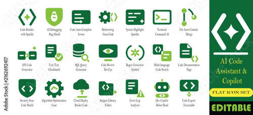 AI code assistant and copilot icon set. Debugging, refactoring, unit test and deployment solid glyph vector symbols
