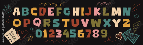 Paper cutout alphabet and numbers vector set. Retro geometric cutout font letters with doodle decor elements for kids poster, book cover and branding design, vector illustration