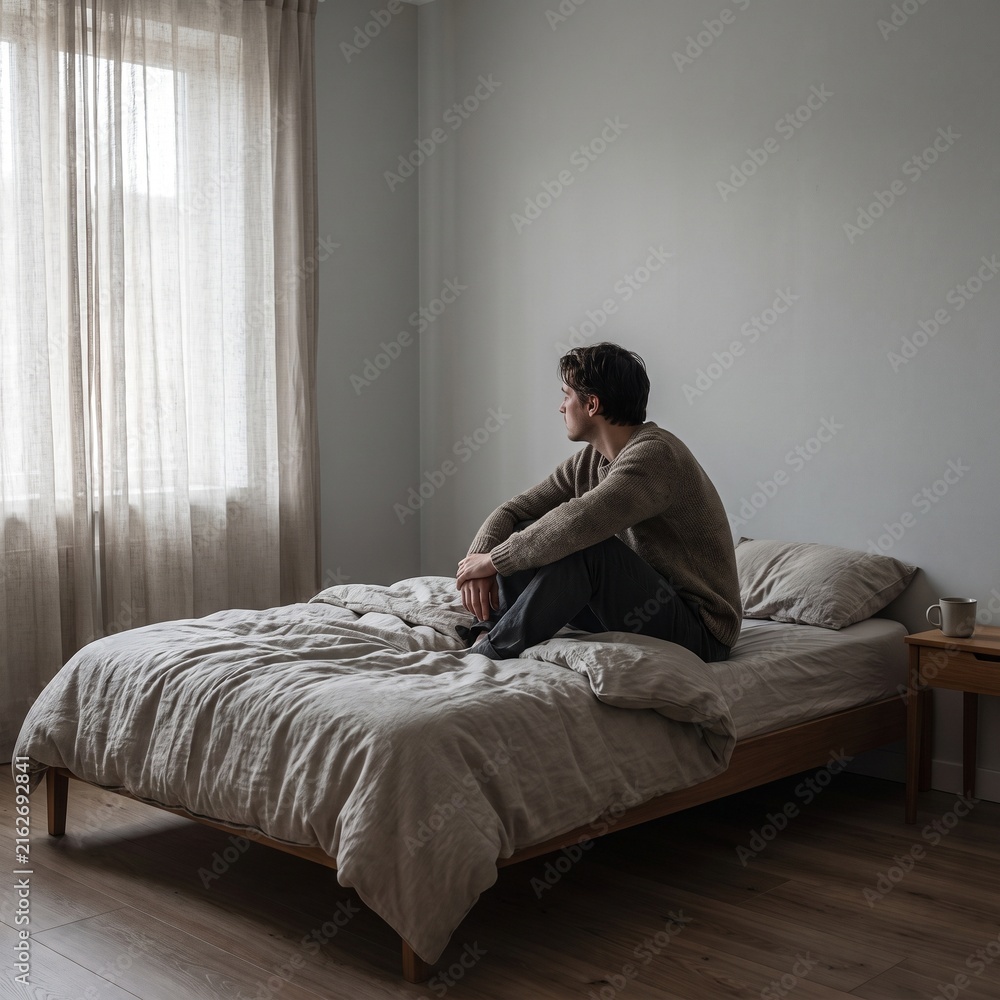 Fototapeta premium Sad Young Man Sitting Alone on Unmade Bed in Bedroom and Looking Out the Window