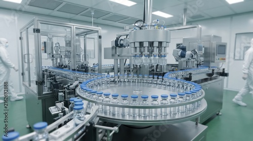 Automated pharmaceutical vial filling line in sterile cleanroom with rotating carousel and blue-capped glass bottles