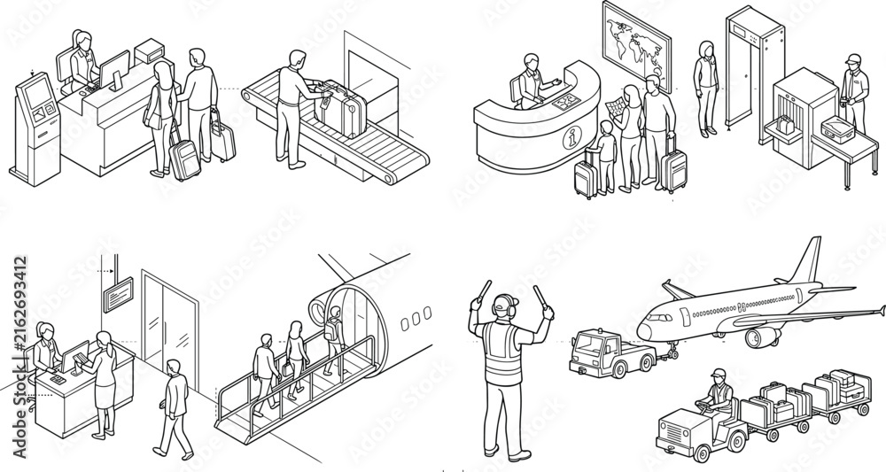 Fototapeta premium Isometric airport service line art vector set showing check in security boarding and baggage handling