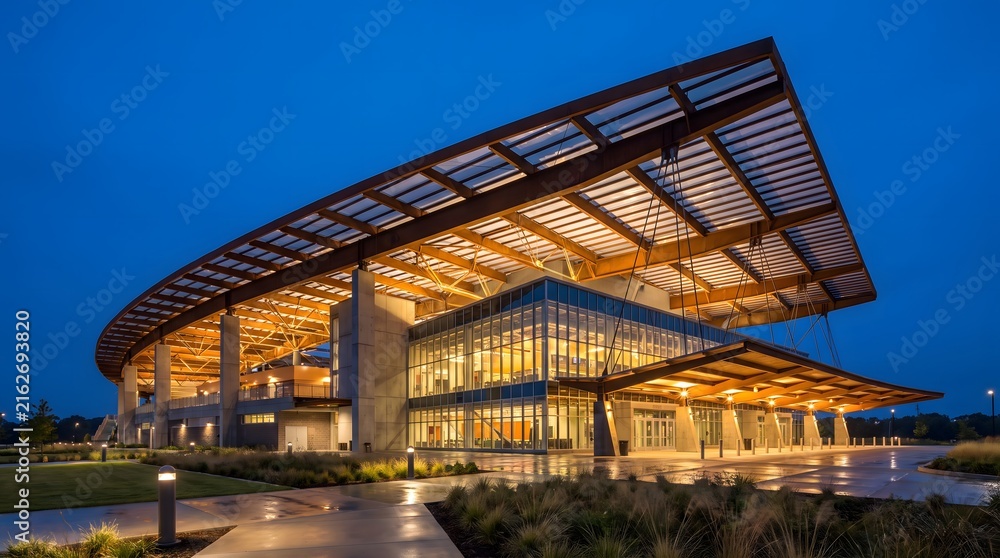 Fototapeta premium Modern office building with illuminated windows at dusk.