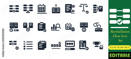 Account reconciliation and financial close icon set. Bank reconciliation, journal entry, trial balance and period lock solid glyph vector symbols