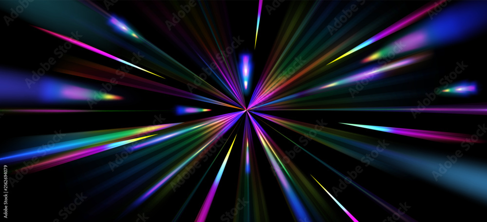 Naklejka premium Radiant light burst with rainbow spectrum rays exploding from center. 3d vector realistic illustration, colorful beams creating dynamic speed effect on black background, holographic abstract backdrop