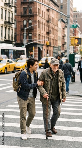 Kind Young Man Helping Senior Man with Walking Cane Cross a Busy City Street