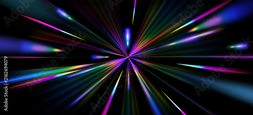 Radiant light burst with rainbow spectrum rays exploding from center. 3d vector realistic illustration, colorful beams creating dynamic speed effect on black background, holographic abstract backdrop