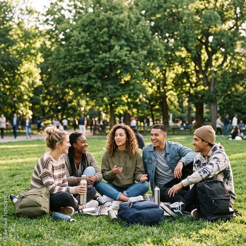Diverse Group of Young Friends Socializing and Laughing Together on the Grass in a Park