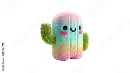 Cute fluffy rainbow cactus character with arms waving