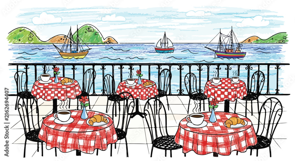Naklejka premium Hand-drawn seaside cafe terrace vector, outdoor restaurant with red checkered tables, ocean view with sailing ships and hills
