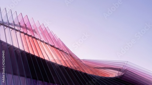 Dynamic Glass Facade with Pink and Purple Gradient Curves