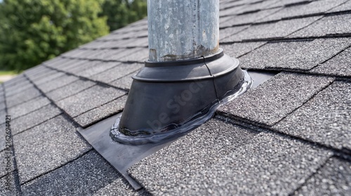 Naklejka Roof vent pipe boot flashing installed on asphalt shingle roof for waterproofing.