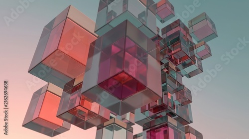 Abstract Arrangement of Floating Glass Cubes in Dynamic Composition with Vibrant Hues