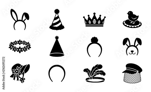 Bild auf Leinwand 12 Festive Headwear Icons, Birthday Party Hats, Bunny Ears, Crowns, and Floral W