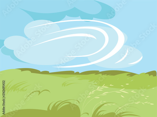 Vector Illustration of Windy Field Landscape with Green Hills and Gusts of Wind in Blue Sky