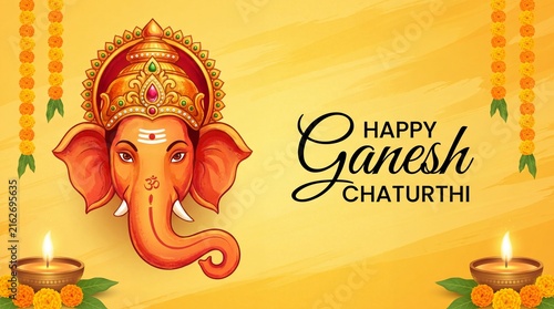 Illustration of lord ganesha with floral garlands and happy ganesh chaturthi text on yellow background