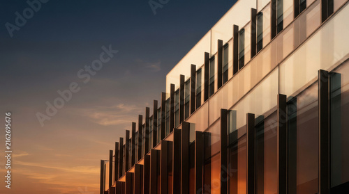 Modern Glass Building Facade with Vertical Fins at Sunset