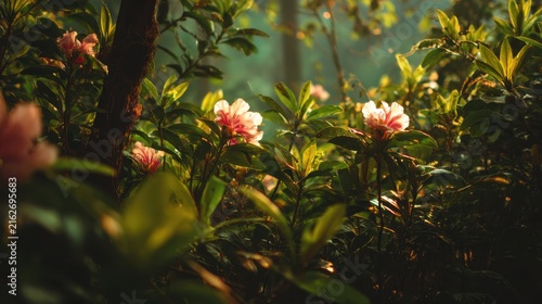 Moody garden flowers in golden backlight, pink and white blossoms with lush green foliage, dreamy nature background