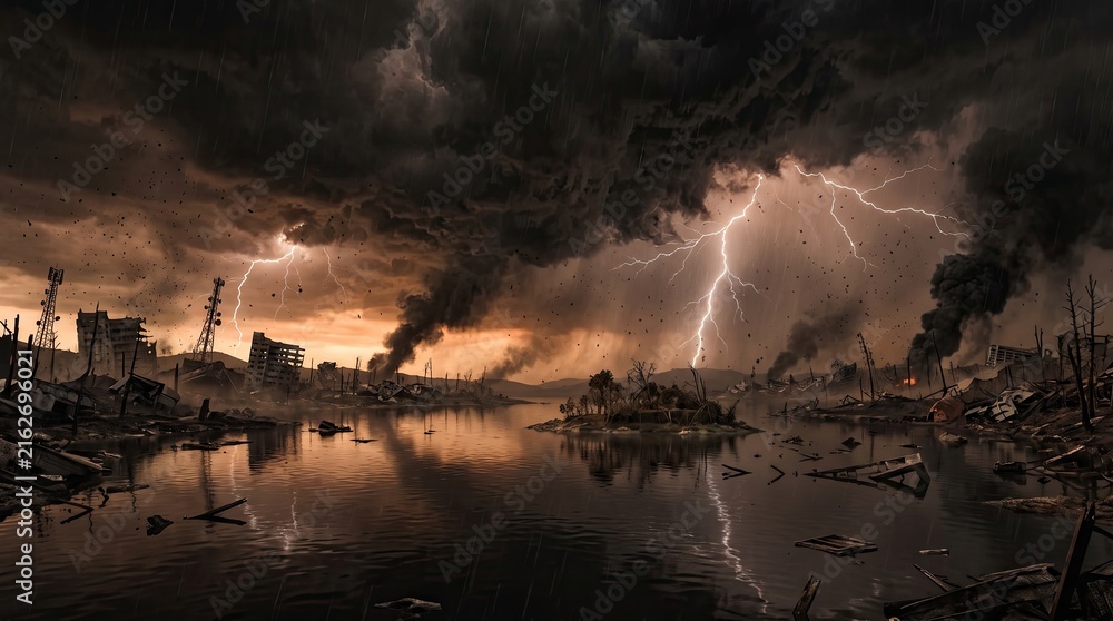 Fototapeta premium Dramatic storm clouds and lightning strike over a city skyline at dusk