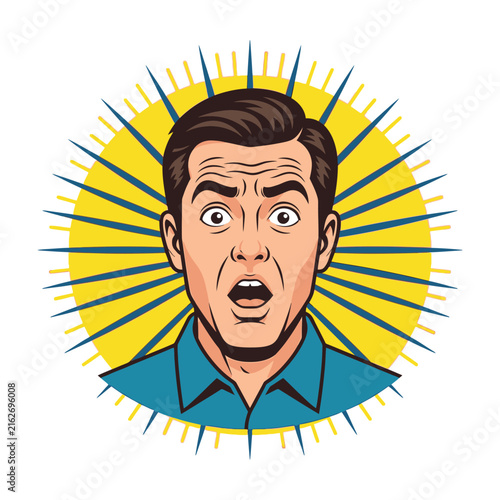 Surprised man with shocked expression and sunburst background