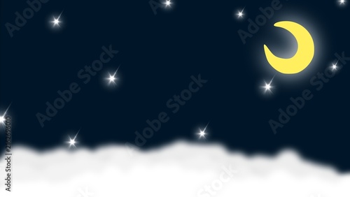 Night Sky Background with Crescent Moon, Stars, and Soft Clouds Cartoon