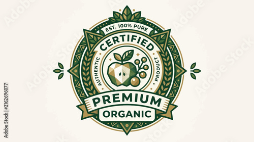 Premium Organic Certified Fruit Logo Seal with Apple and Berries for Natural Product Quality Guarantee